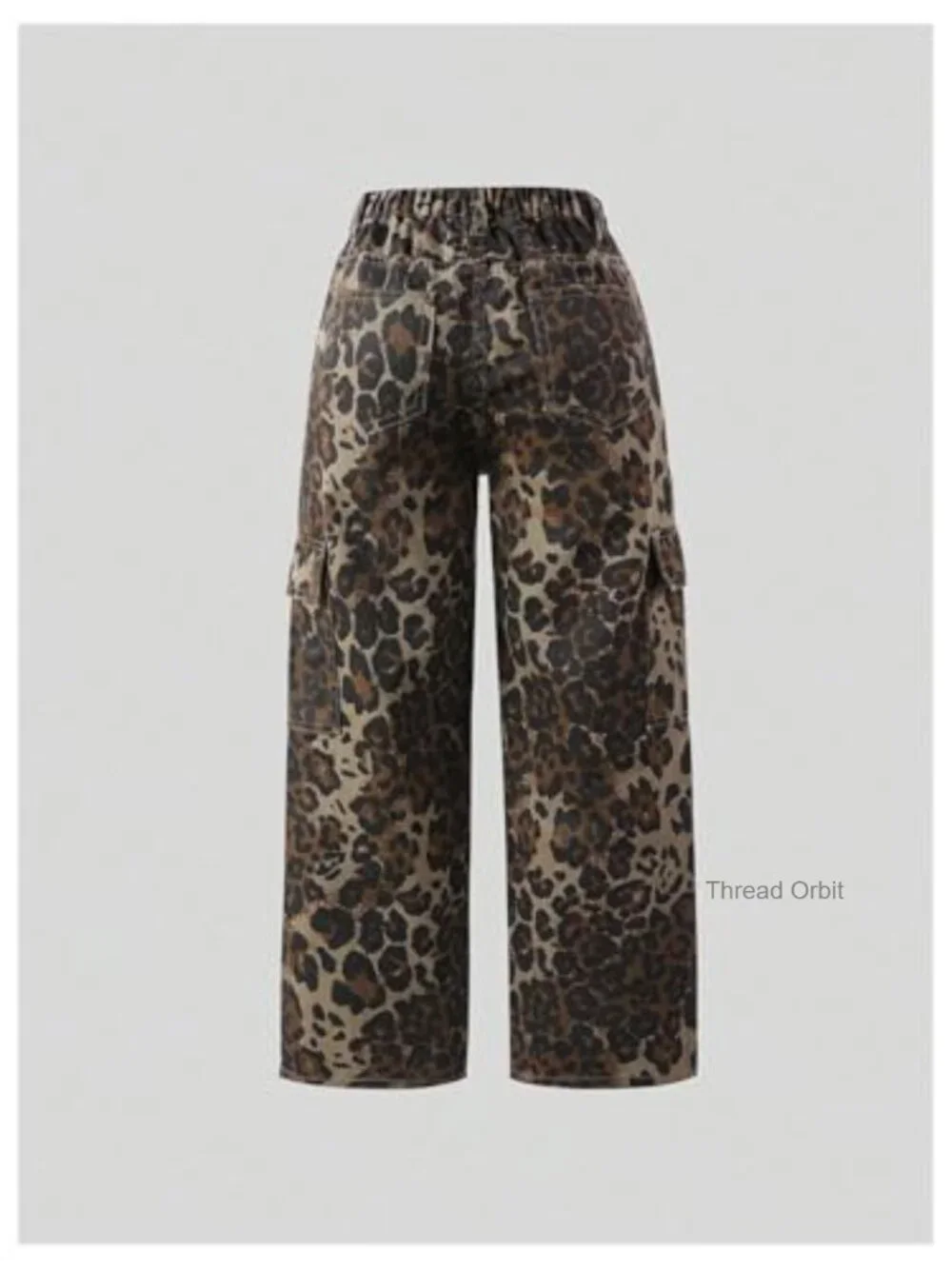 Leopard Print Cargo Pants Straight Wide Leg Denim Jeans with Pockets